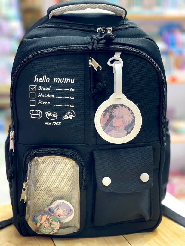 کولهپشتی فانتزی Hello Mumu | طرح چکلیست صبحانه| آویز و پیکسل دار رنگ مشکی