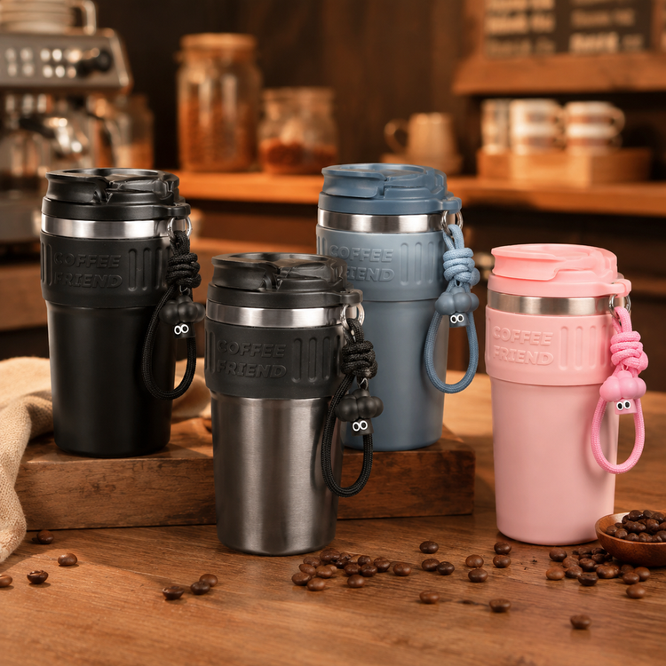 تراول ماگ استیل ۳۰۴ طرح Coffee Friend به همراه آویز و بند فانتزی