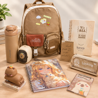 ست کامل لوازمتحریر و کوله پشتی فانتزی مدل کاپی بارا و خرس قهوهای (Aesthetic Brown Stationery Set)
