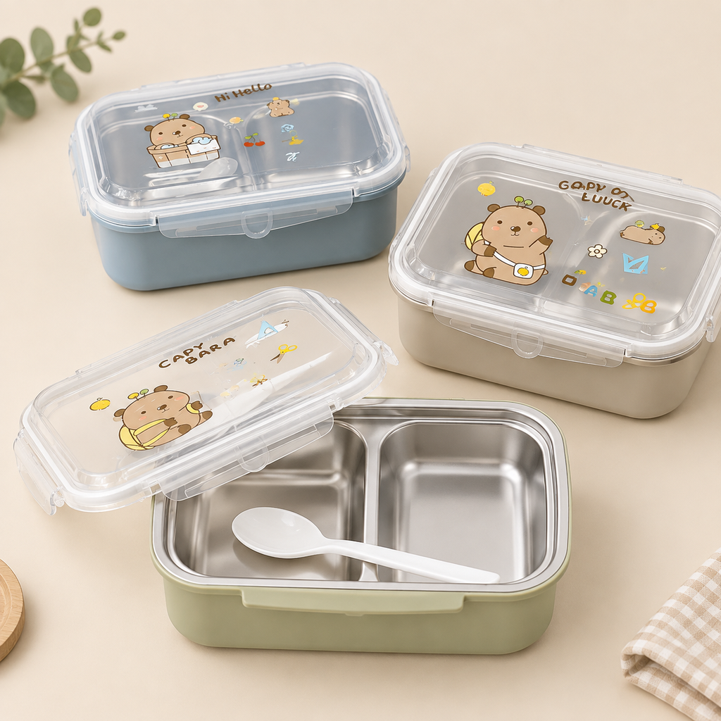 ظرف غذای استیل دوجداره ۲ خانه فانتزی طرح کاپیبارا (Capybara Bento Lunch Box) همراه با قاشق