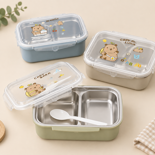 ظرف غذای استیل دوجداره ۲ خانه فانتزی طرح کاپیبارا (Capybara Bento Lunch Box) همراه با قاشق