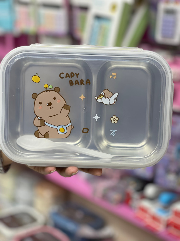 ظرف غذای استیل دوجداره ۲ خانه فانتزی طرح کاپیبارا (Capybara Bento Lunch Box) همراه با قاشق