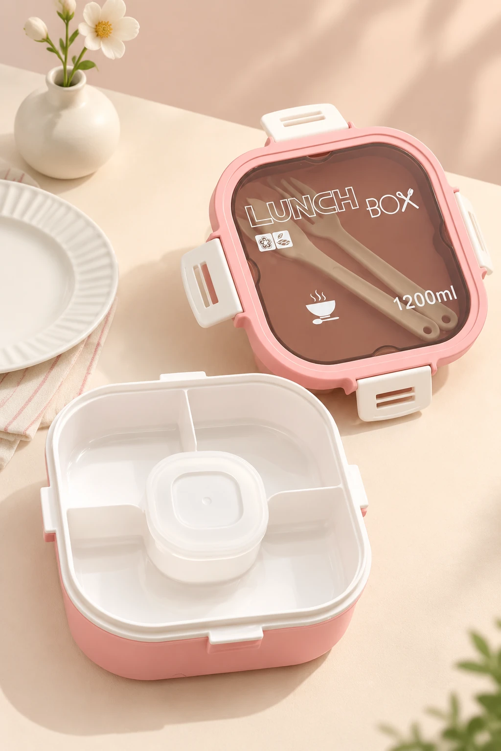 ظرف غذای ۵ خانه ۱۲۰۰ میل قفل‌دار مدل Lunch Box به همراه قاشق و چنگال و ظرف سس اختصاصی