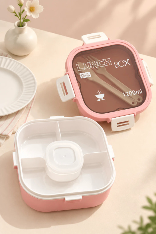 ظرف غذای ۵ خانه ۱۲۰۰ میل قفلدار مدل Lunch Box به همراه قاشق و چنگال و ظرف سس اختصاصی